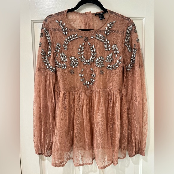 Forever 21 dainty lace long sleeve peplum embroidered sparkle beaded top blouse - Picture 8 of 15